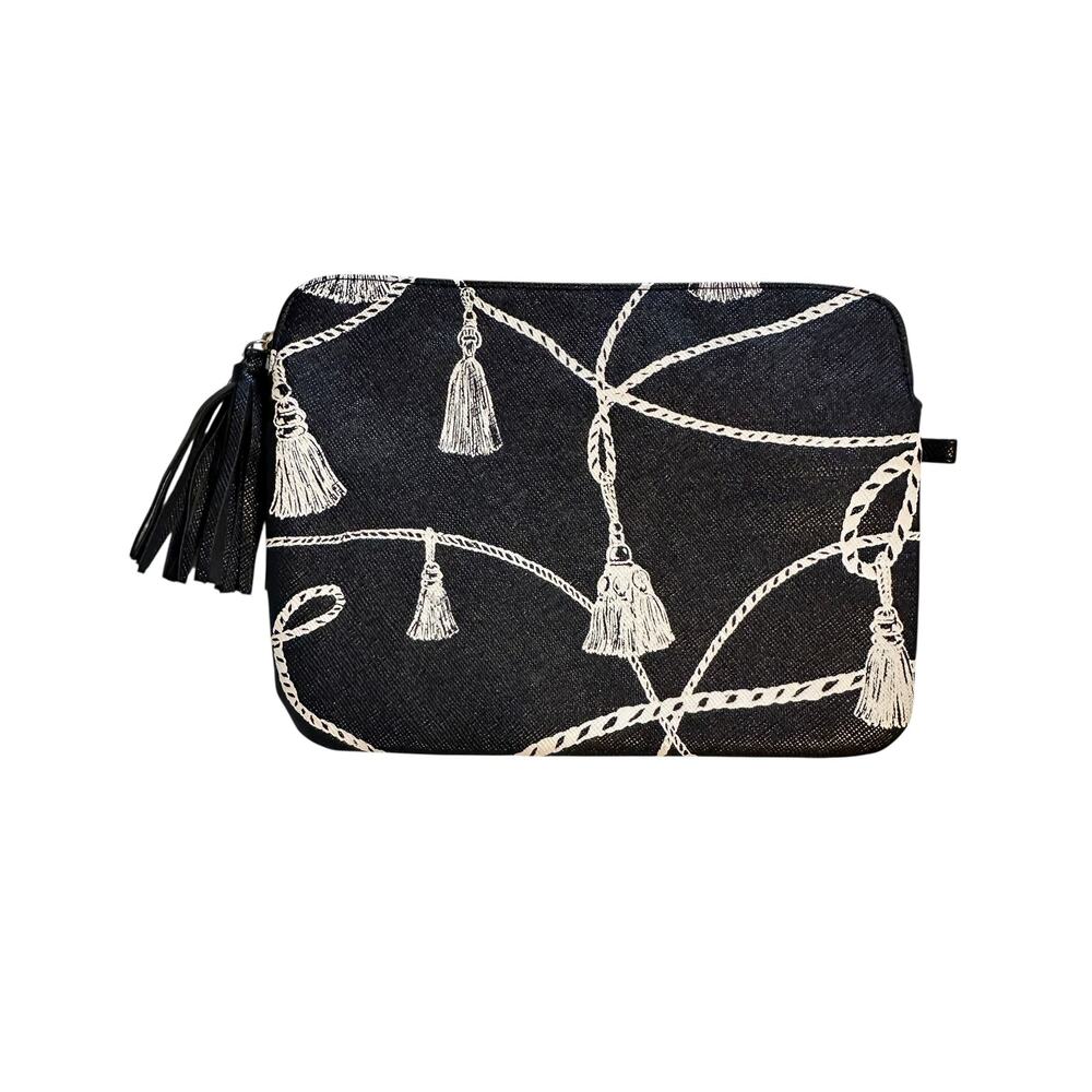 Chicos NEW Printed Tassel Tech Case Zip Pouch Navy Equestrian Print NWT